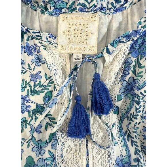 Johnny Was Aster Tiered Midi Dress White Blue Floral XL 100% Linen Boho - Picture 10 of 12